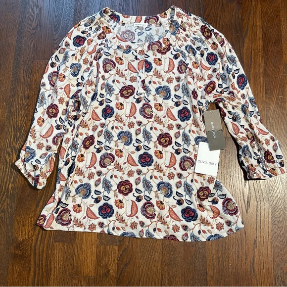 Olivia Grey Medium Long Sleeve Blouse Shirred Shoulders Rayon Fall Colors NWT - Picture 11 of 16